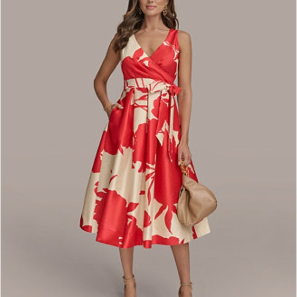 Donna Karan Red and Cream Floral Midi Dress